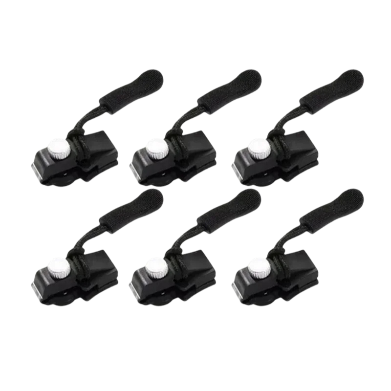 "Unisex zipper repair clip 6-pack, alloy and nylon, universal fit. Snap-on design for quick no-sew fixes on clothes and bags.