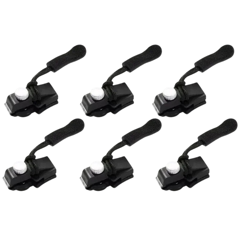 "Unisex zipper repair clip 6-pack, alloy and nylon, universal fit. Snap-on design for quick no-sew fixes on clothes and bags.