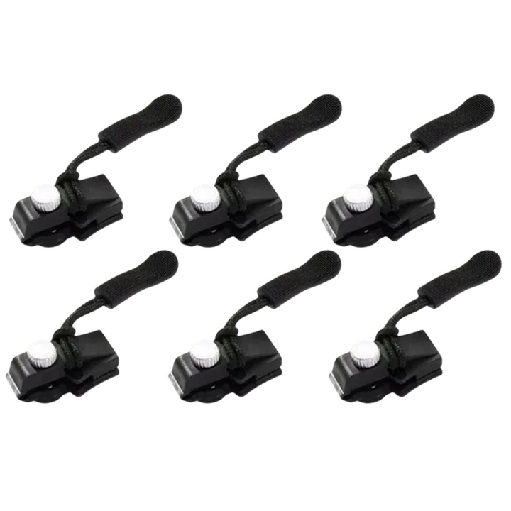 "Unisex zipper repair clip 6-pack, alloy and nylon, universal fit. Snap-on design for quick no-sew fixes on clothes and bags.