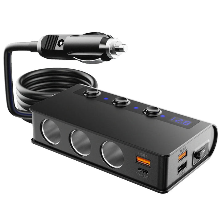 Universal 4-port car charger adapter with USB ports and lighter sockets; sleek, compact design for vehicle convenience.