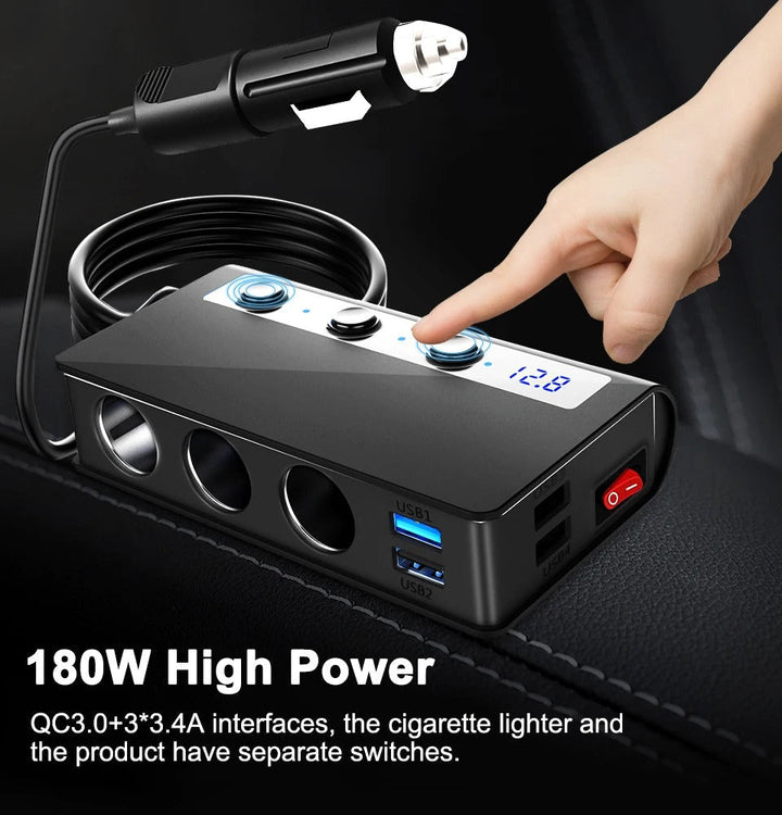 Universal 4-port car charger adapter with USB ports and lighter sockets; sleek, compact design for vehicle convenience.