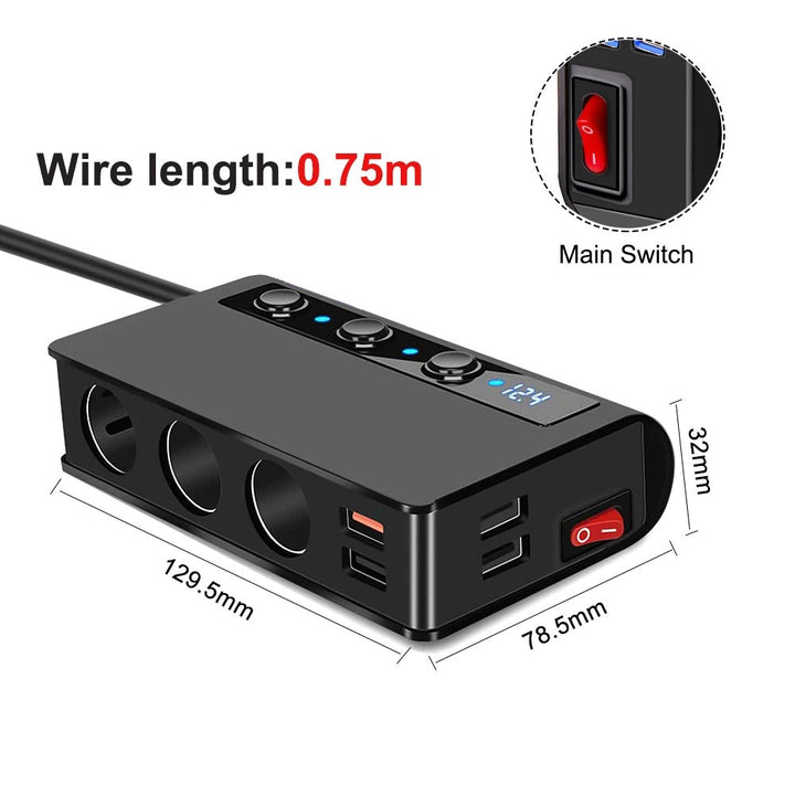 Universal 4-port car charger adapter with USB ports and lighter sockets; sleek, compact design for vehicle convenience.