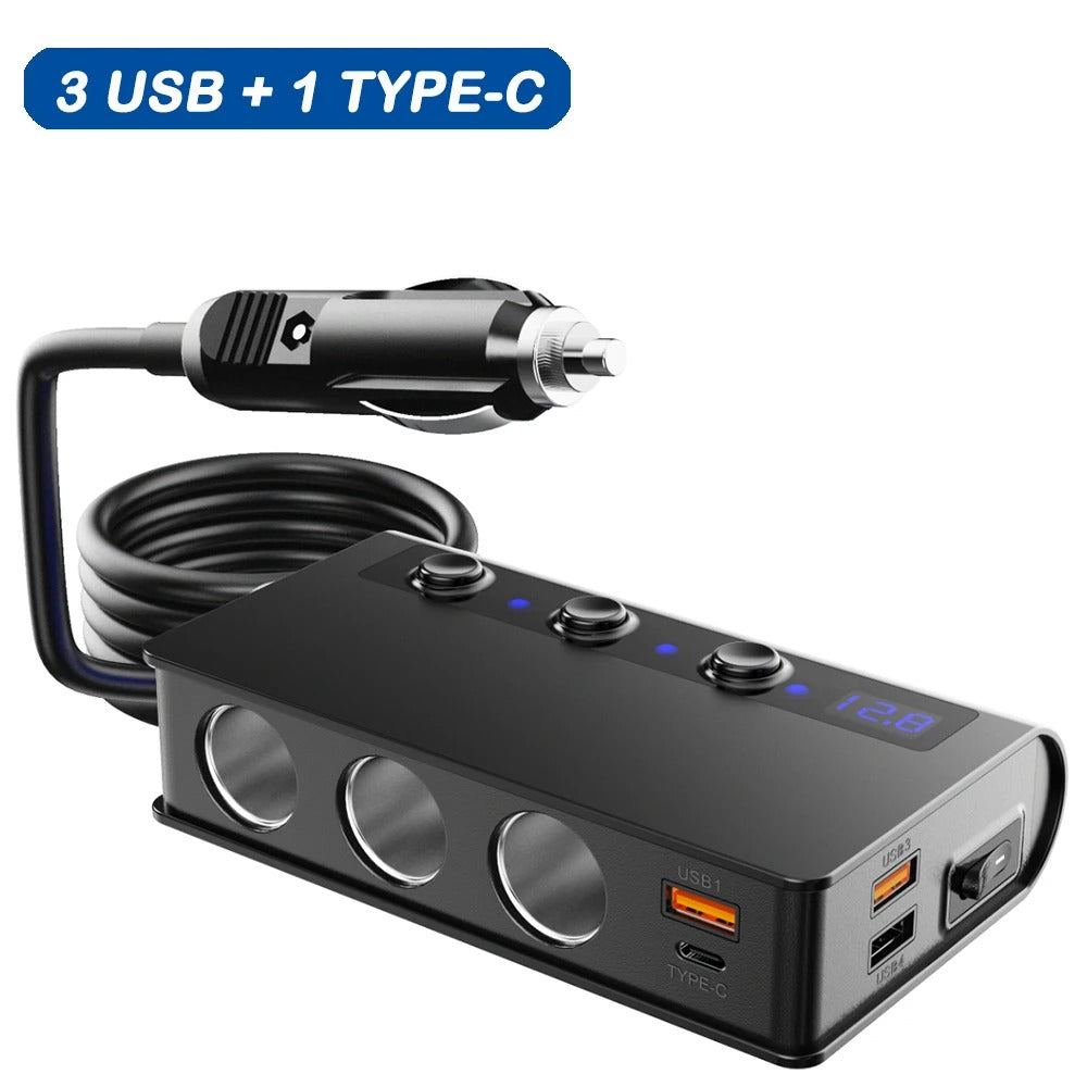 Universal 4-port car charger adapter with USB ports and lighter sockets; sleek, compact design for vehicle convenience.