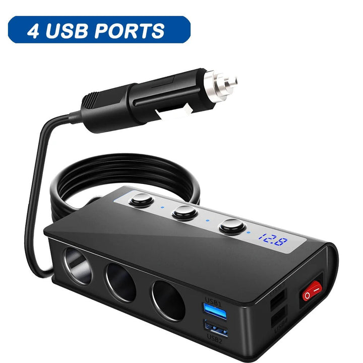 Universal 4-port car charger adapter with USB ports and lighter sockets; sleek, compact design for vehicle convenience.