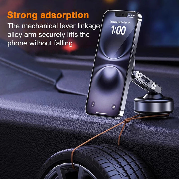 "Universal magnetic car phone holder with 360° rotation, showcasing powerful magnetic grip and electric suction capability."