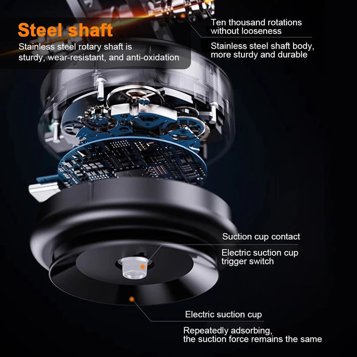 "Universal magnetic car phone holder with 360° rotation, showcasing powerful magnetic grip and electric suction capability."