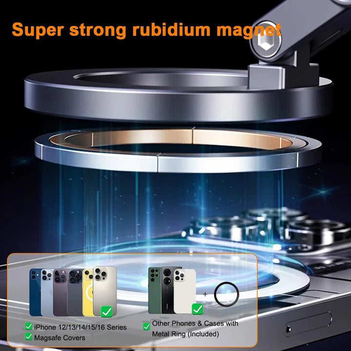 "Universal magnetic car phone holder with 360° rotation, showcasing powerful magnetic grip and electric suction capability."