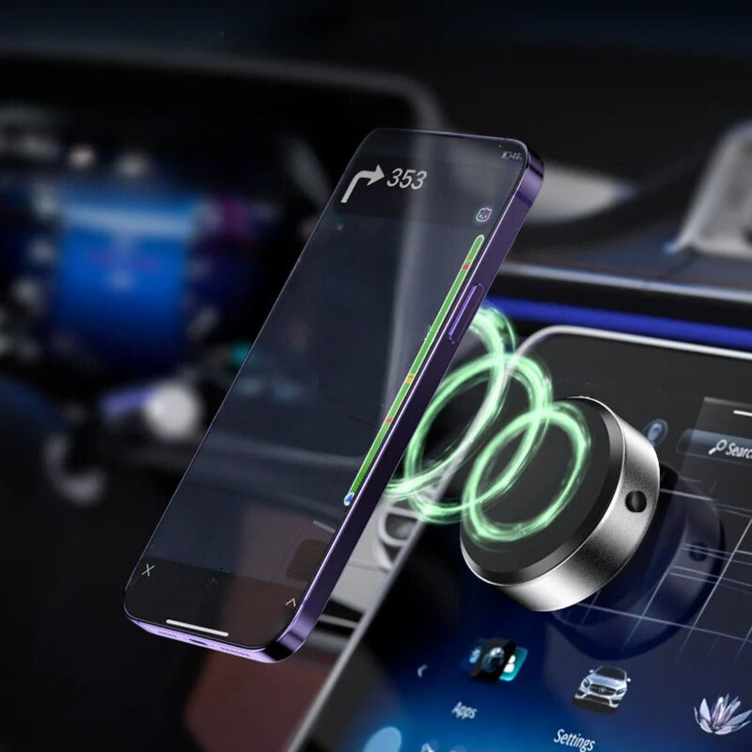 "Universal magnetic car phone holder with suction base, sleek black design, strong grip, adjustable for optimal view."