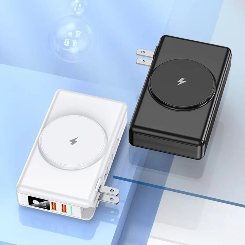 "Universal power bank 20000mAh with built-in cables, USB-C, lightning connectors, compact design, ideal for travel."