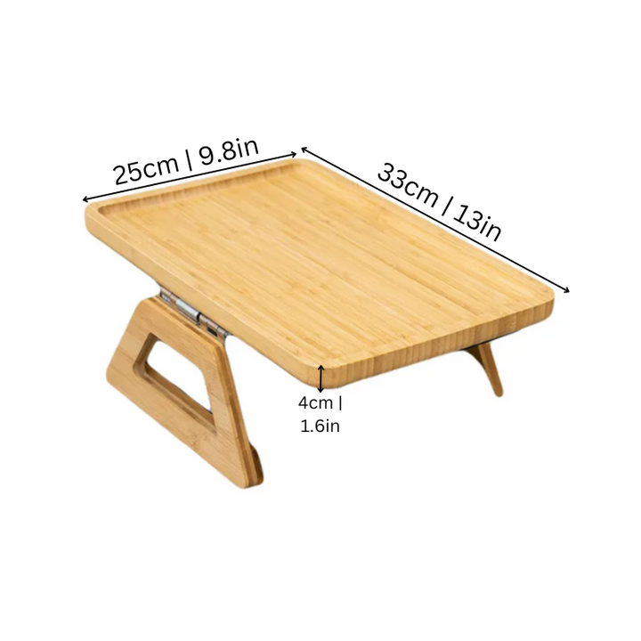 Universal sofa arm clip table with non-slip rubber grips, made of sustainable bamboo, ideal for drinks and remotes.