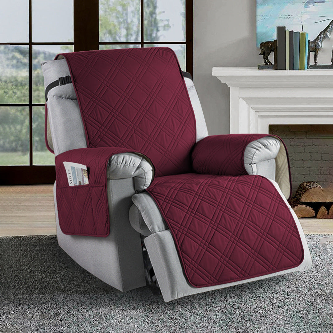 Universal waterproof recliner slipcover, water-repellent, stain-resistant in navy blue, elastic hems for easy fit.
