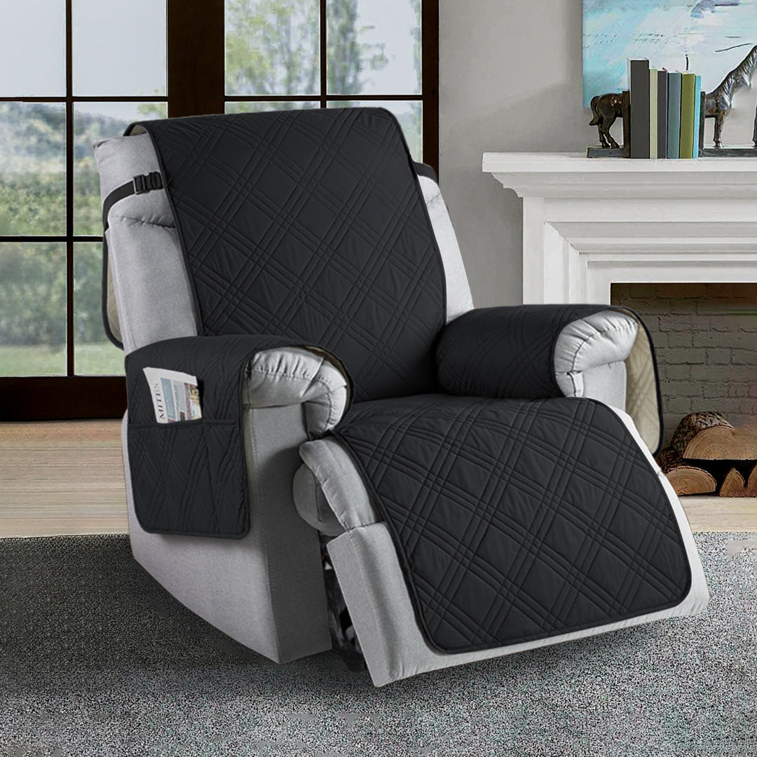 Universal waterproof recliner slipcover, water-repellent, stain-resistant in navy blue, elastic hems for easy fit.