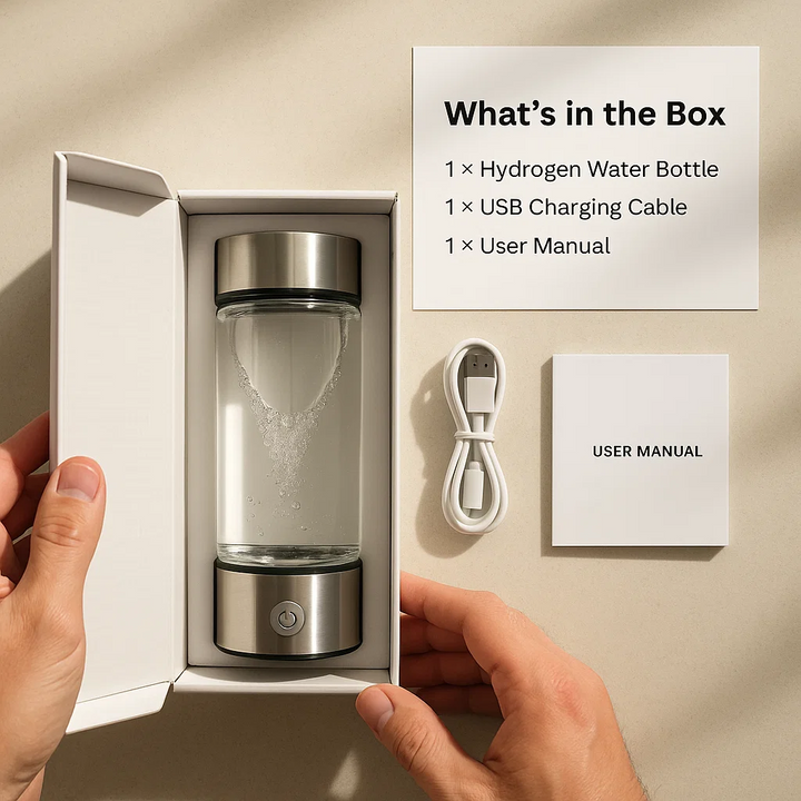 "USB rechargeable hydrogen water bottle, sleek design, enhances wellness, infuses water with molecular hydrogen, anti-inflamm