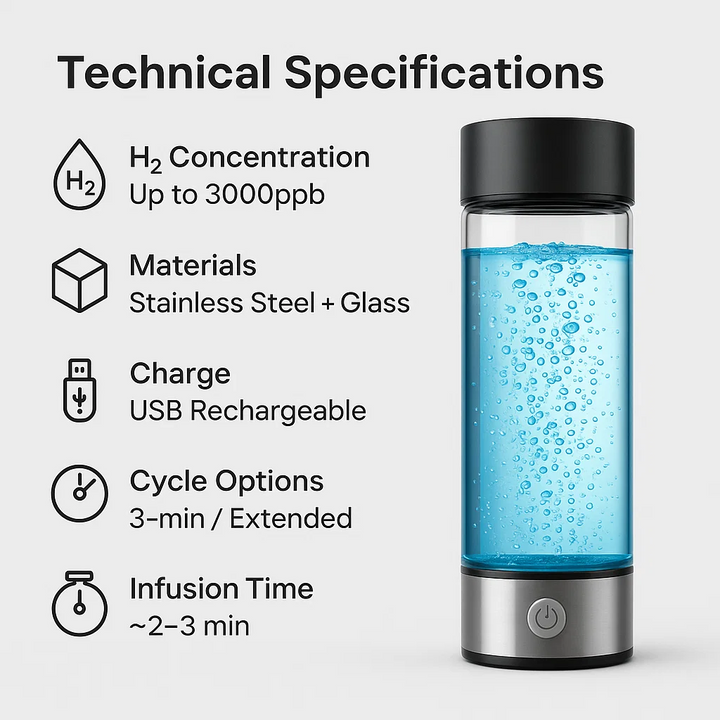 "USB rechargeable hydrogen water bottle, sleek design, enhances wellness, infuses water with molecular hydrogen, anti-inflamm