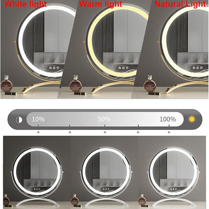 "Vanity makeup mirror with LED lights, touch-control, sleek metal frame, featuring 360° rotation for precise beauty applicati