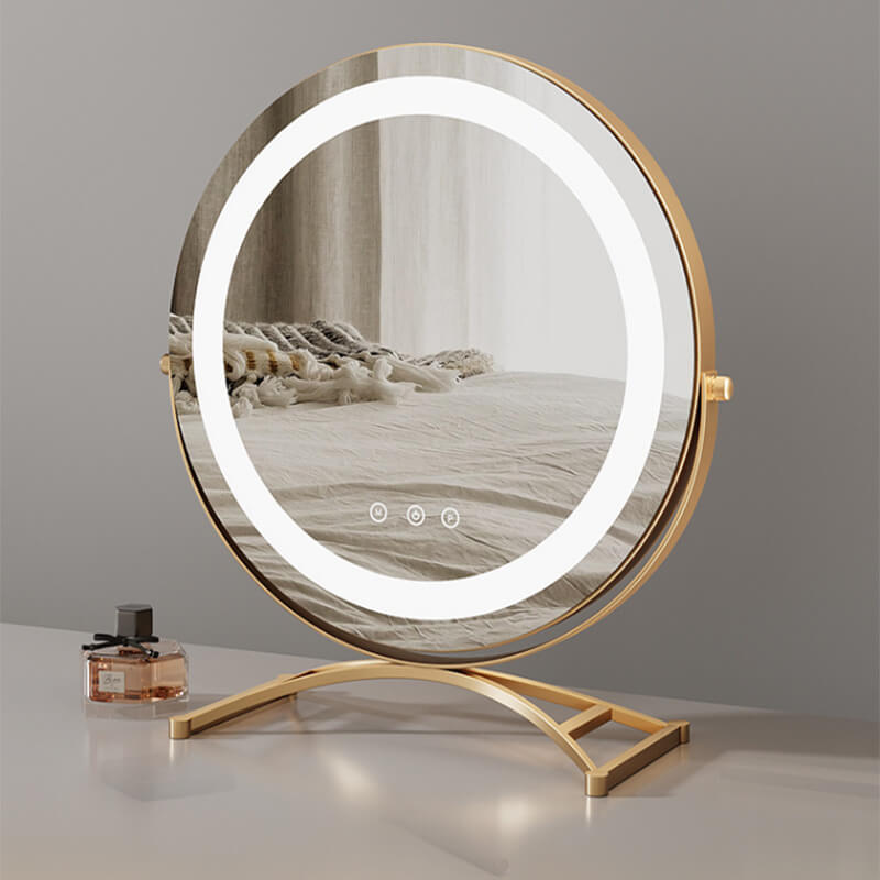 "Vanity makeup mirror with LED lights, touch-control, sleek metal frame, featuring 360° rotation for precise beauty applicati