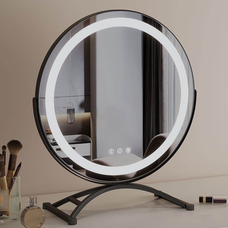 "Vanity makeup mirror with LED lights, touch-control, sleek metal frame, featuring 360° rotation for precise beauty applicati