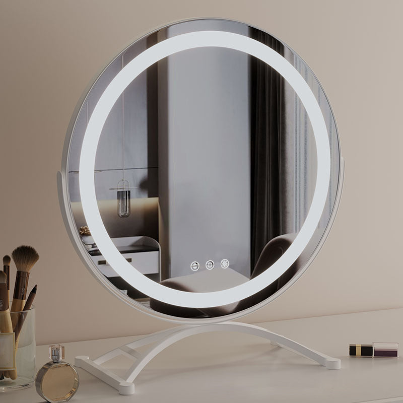 "Vanity makeup mirror with LED lights, touch-control, sleek metal frame, featuring 360° rotation for precise beauty applicati