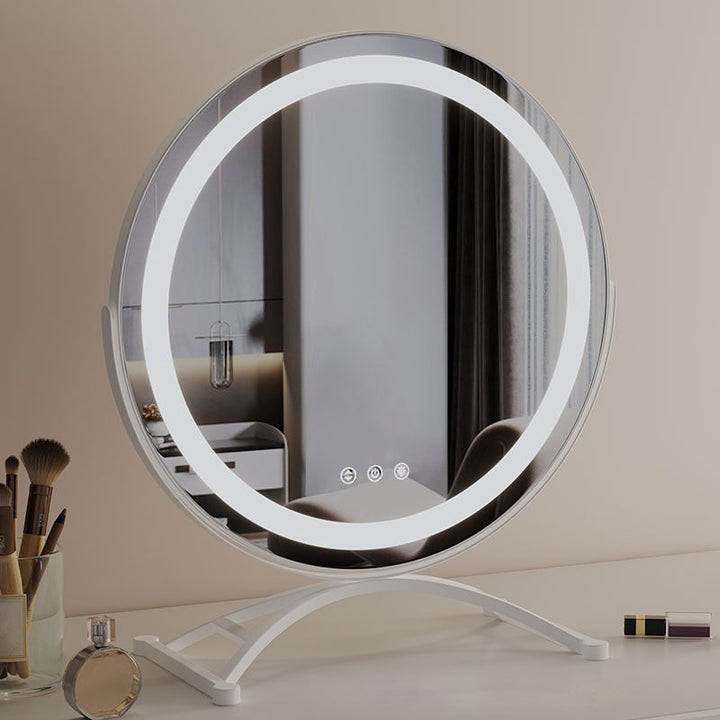 "Vanity makeup mirror with LED lights, touch-control, sleek metal frame, featuring 360° rotation for precise beauty applicati