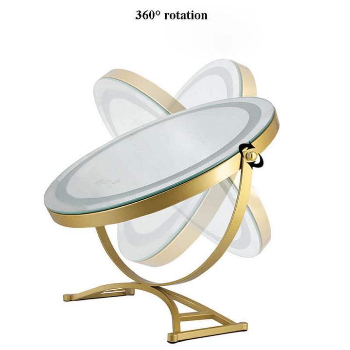 "Vanity makeup mirror with LED lights, touch-control, sleek metal frame, featuring 360° rotation for precise beauty applicati