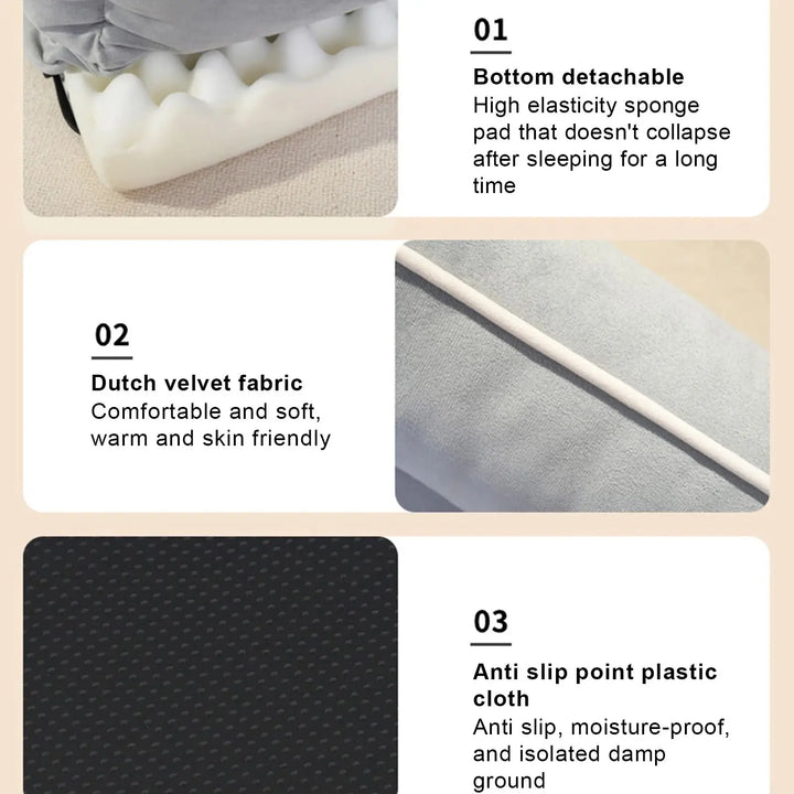 "Velvet-soft pet bed with cushion and bolster, shown in modern living room, offers comfort with Dutch velvet texture."
