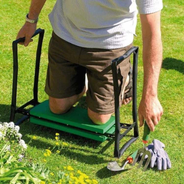 "Versatile 2-in-1 gardening kneeler seat with cushioned support, foldable design, and side pockets for easy garden use."