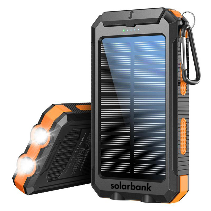 Versatile 20000mAh solar power bank with flashlight, durable water-resistant design, ideal for outdoor charging on-the-go.