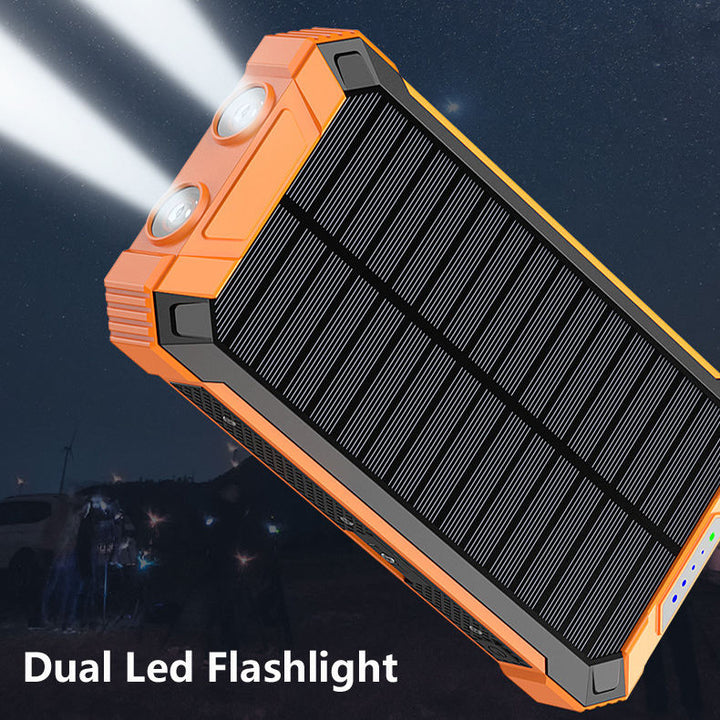 Versatile 20000mAh solar power bank with flashlight, durable water-resistant design, ideal for outdoor charging on-the-go.