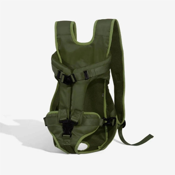 "Versatile dog carrier backpack for hiking, shown in green. Secure multi-buckle design keeps pets safe and comfortable outdoo