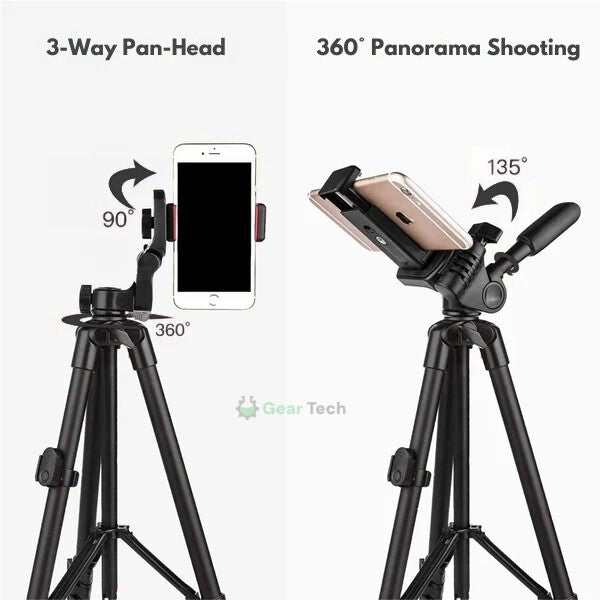 "Versatile phone tripod with Bluetooth remote, lightweight sturdy design, adjustable 18-55 inches, 360° rotation, phone holde