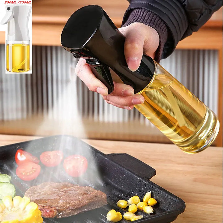 "Versatile refillable oil spray bottle, transparent body, fine mist spray, eco-friendly plastic, ideal for home chefs and coo