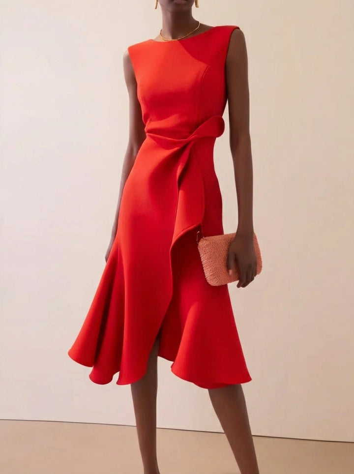 Vibrant red sleeveless ruffle midi cocktail dress for women. Elegant party & special occasion wear, perfect wedding guest.