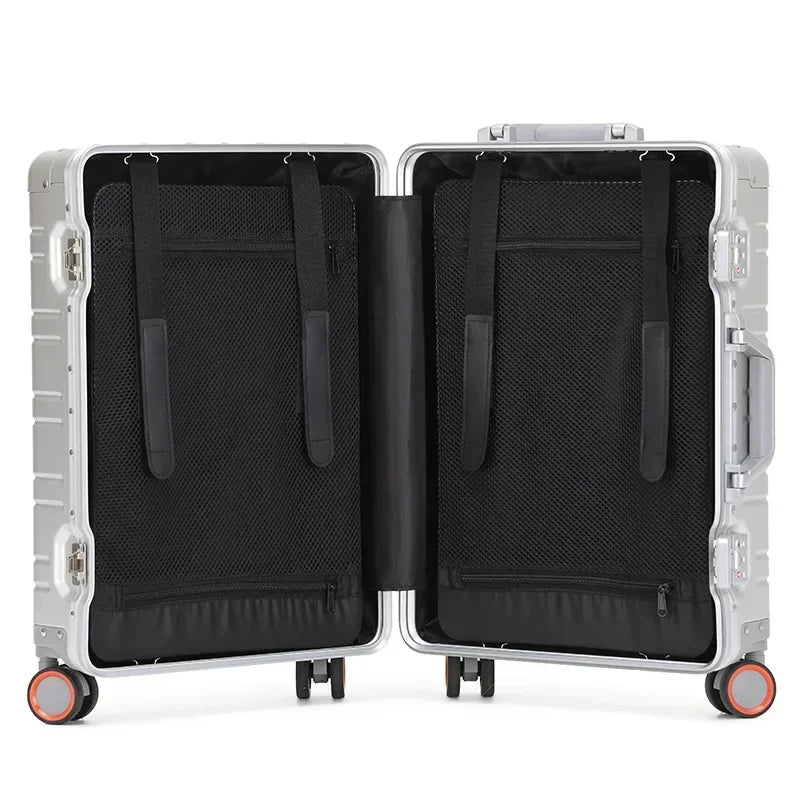 Airline-approved Vienna Voyager cabin luggage, durable aluminum-magnesium hardshell suitcase.