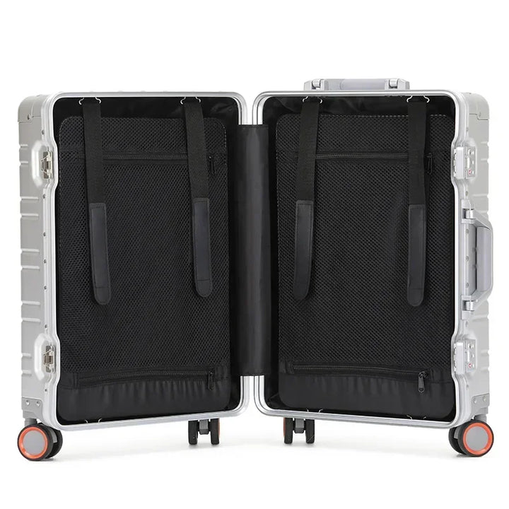 Secure TSA-approved combination locks on Vienna Voyager aluminium-magnesium hardshell luggage for safe travel.