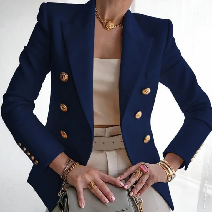 Elegant women's vintage outerwear blazer with double buttons, a classic tailored jacket for sophisticated style.