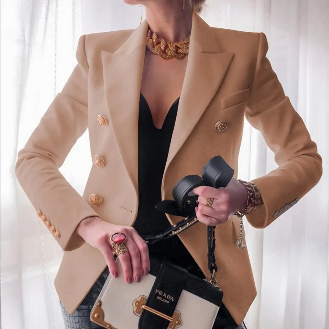Professional women's vintage style double-breasted blazer, a fitted tailored jacket for a retro chic office look.