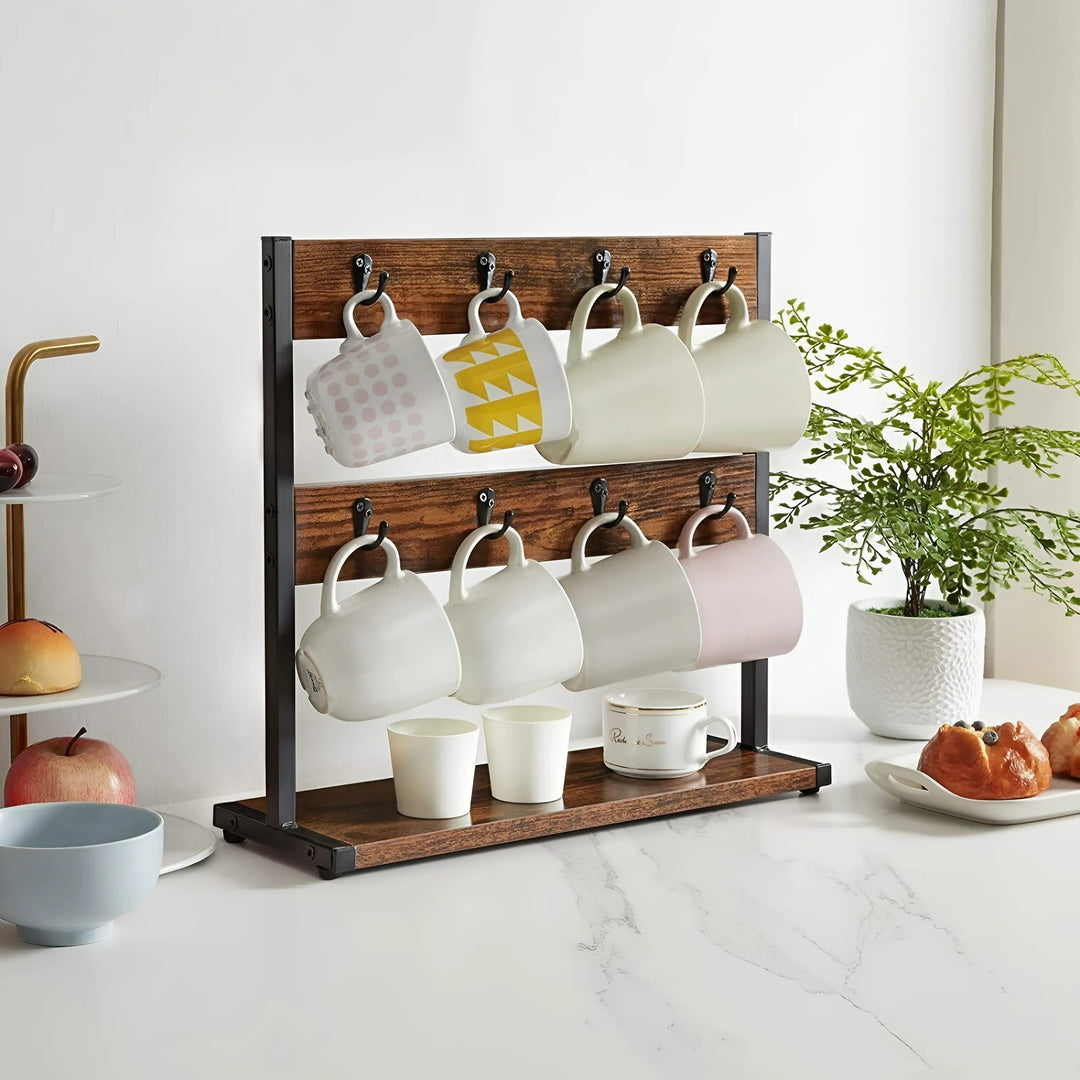 Vintage wooden mug stand with 16-hook, 2-tier design, displays various mugs, space-saving, rustic, ideal for kitchen decor.