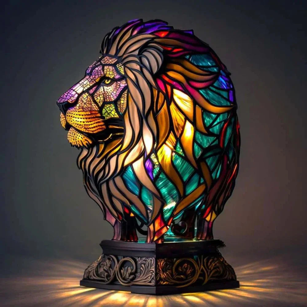 VitraFauna wolf ambient lamp, colorful stained glass style, artistic animal decor for cozy light.