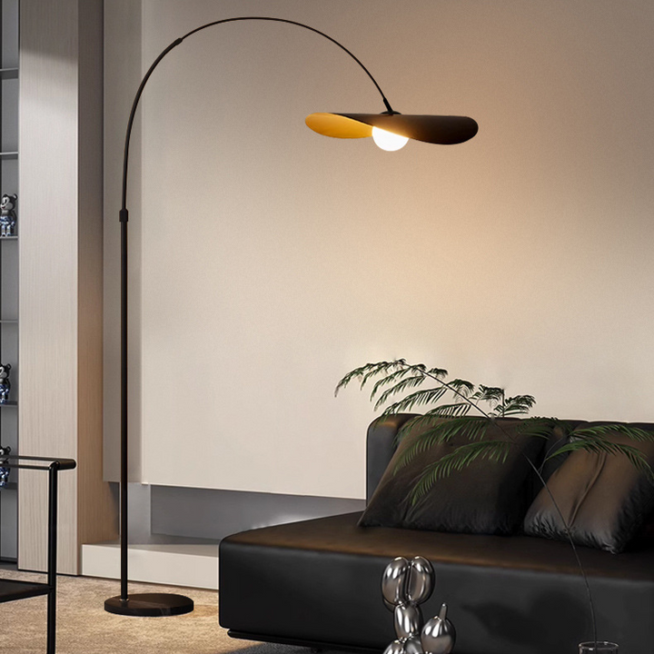 "Wabi Sabi Floor Lamp, iron and acrylic design, handcrafted, emits ambient light, adjustable height for home decoration."