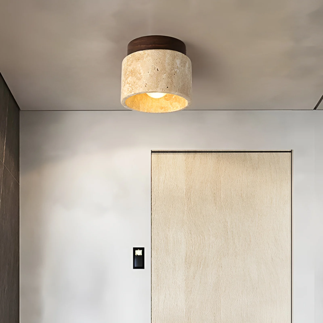Wabi Sabi Japanese ceiling lamp with serene yellow marble finish. Minimalist pendant light for natural home decor.