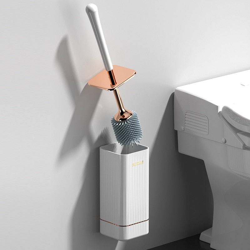 Space-saving bathroom cleaner: wall-mounted toilet brush with durable holder for a tidy toilet area.