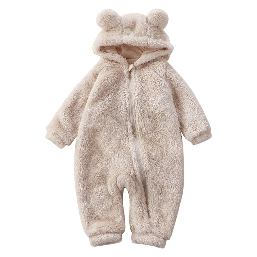 Warm flannel bear hooded onesie for baby, perfect winter outfit & comfy sleepwear for infants.
