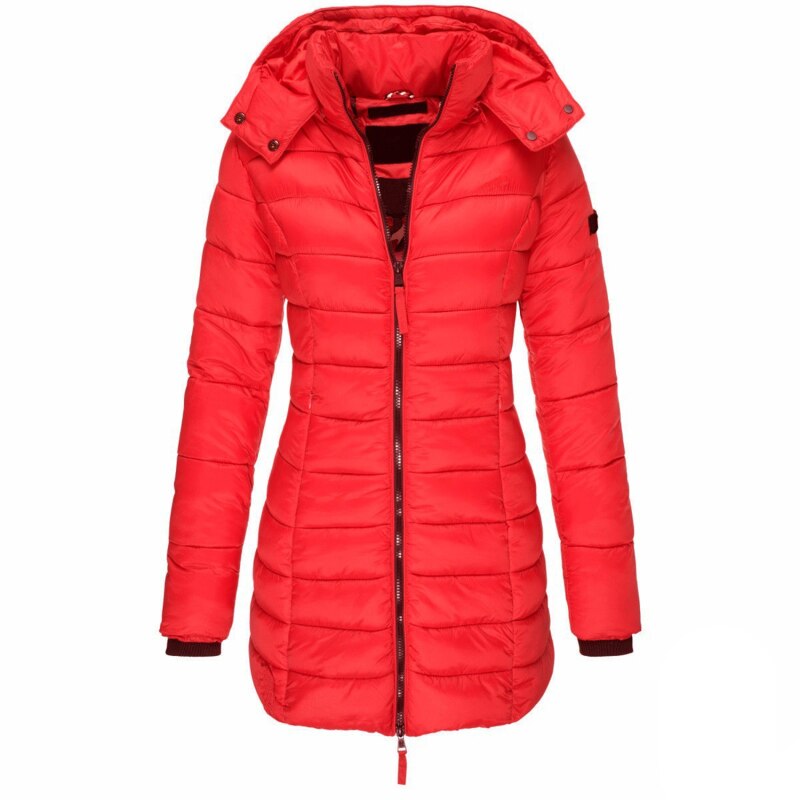 Protective women's Olivia hooded down winter jacket. Warm, long coat for cold weather, stylish everyday wear.