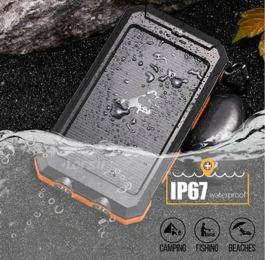 Waterproof 500000mAh solar power bank with dual USB ports, rugged design, ideal for outdoor use and charging devices on the g