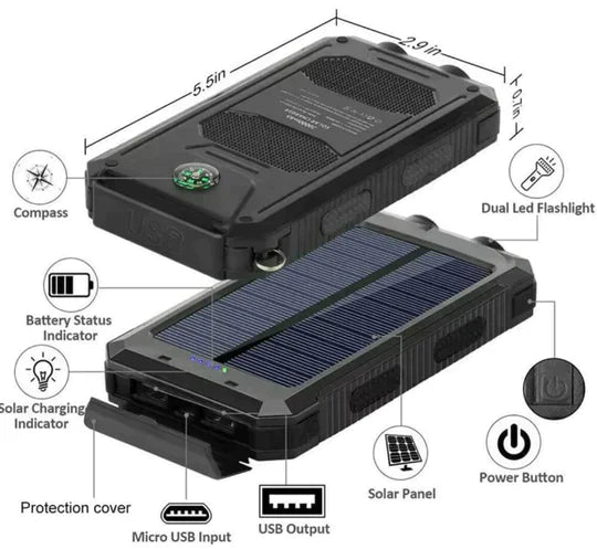 Waterproof 500000mAh solar power bank with dual USB ports, rugged design, ideal for outdoor use and charging devices on the g