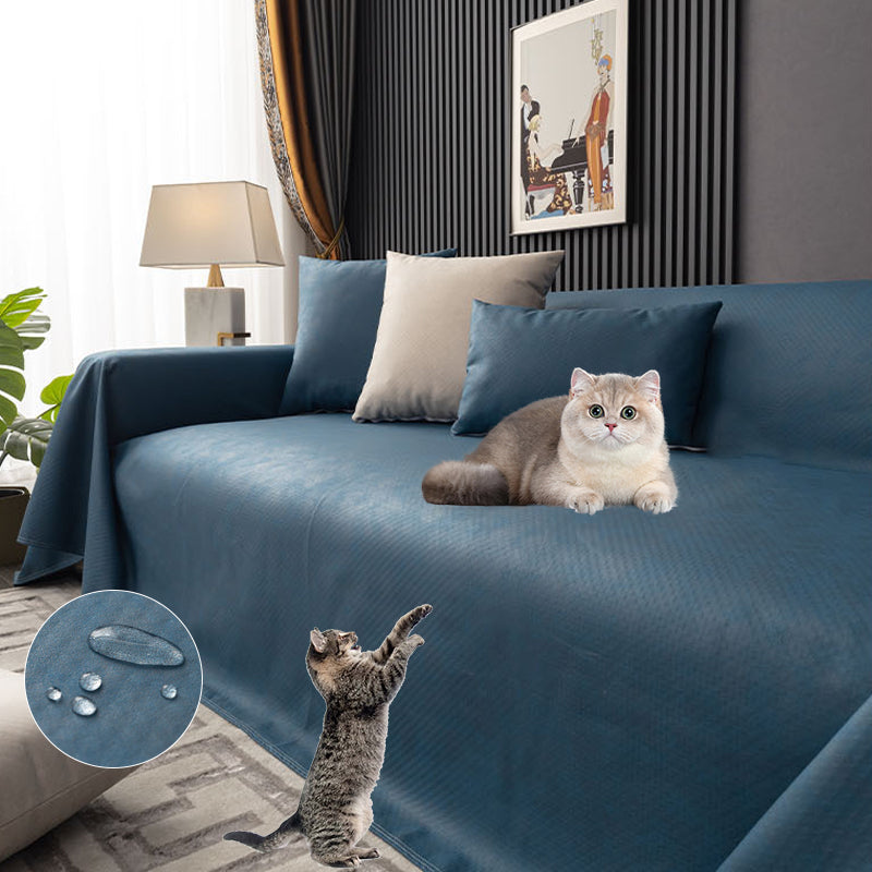 "Waterproof anti-scratch sofa cover in beige, ideal for pet owners, showcasing durable fabric and anti-slip backing."