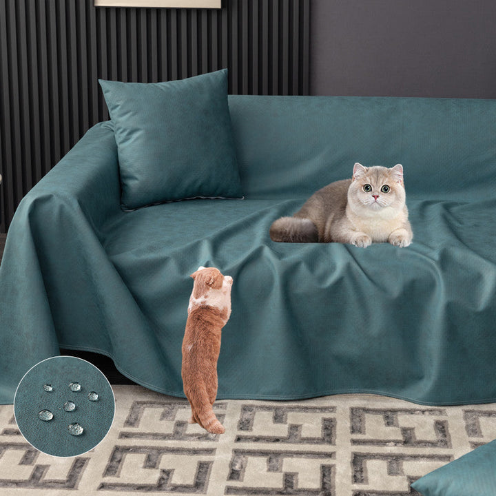 "Waterproof anti-scratch sofa cover in beige, ideal for pet owners, showcasing durable fabric and anti-slip backing."