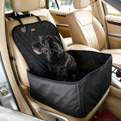 "Waterproof black pet car seat cover, thick-padded for protection, fits most car seats, ideal for pet travel."
