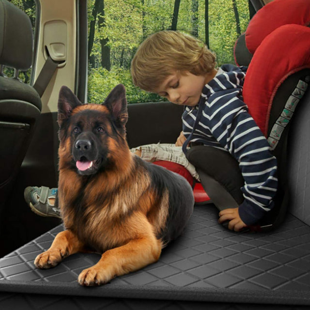"Waterproof dog car seat cover, hammock style in black; protects car from dirt, scratches; fits any backseat securely."