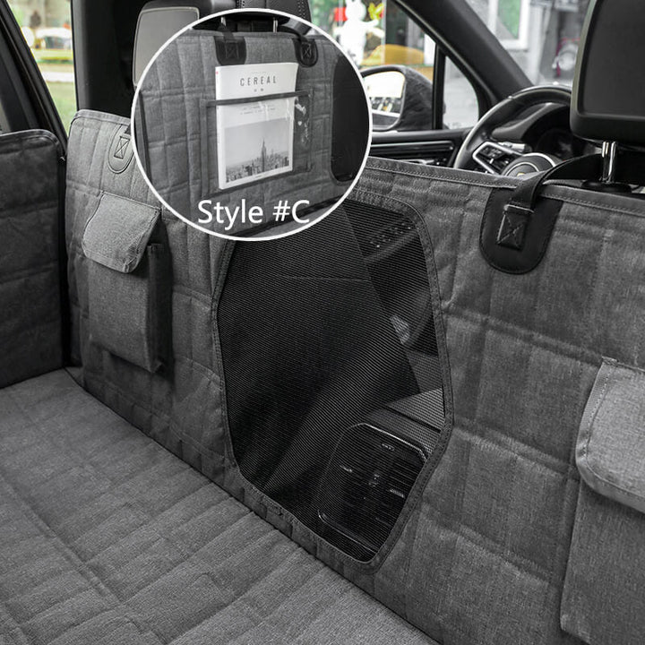 "Waterproof dog car seat cover with mesh window, black, universal fit, breathable and durable for comfortable pet travel."
